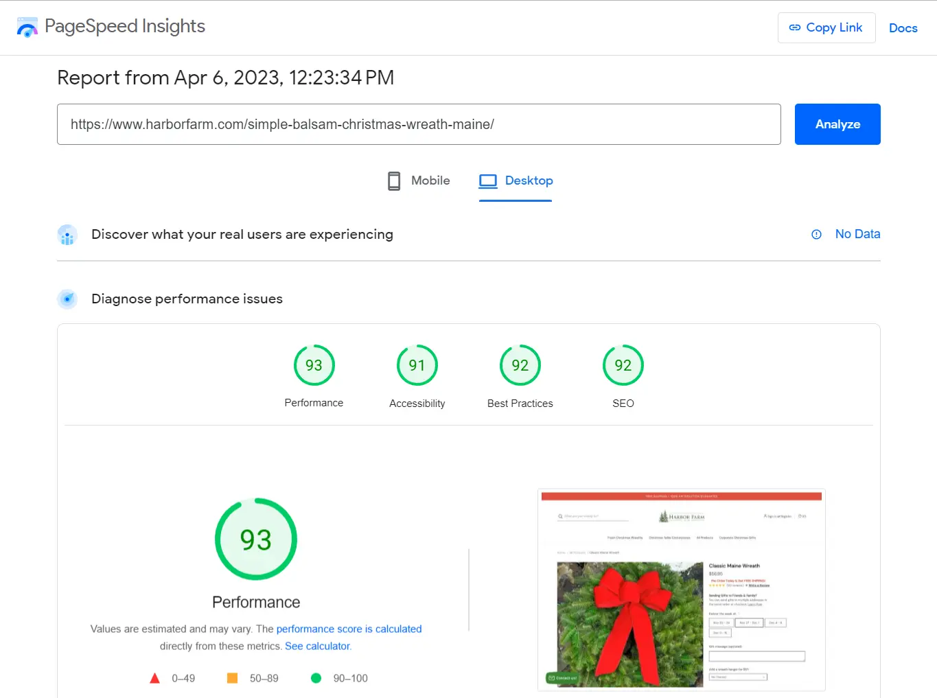 PageSpeed Insights report showing a performance score of 93, accessibility score, best practices score and SEO score.